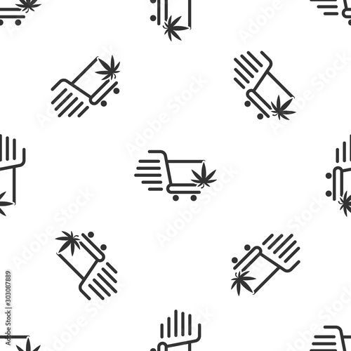 Grey Shopping cart with marijuana or cannabis leaf icon isolated seamless pattern on white background. Online buying. Delivery service. Supermarket basket. Vector Illustration