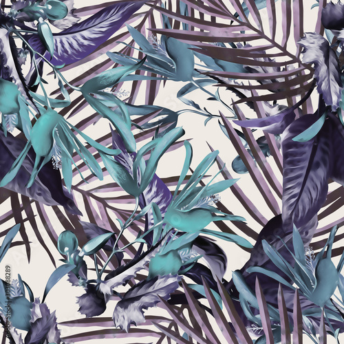 Exotic plants seamless pattern. Watercolor illustration. Hand painted background.