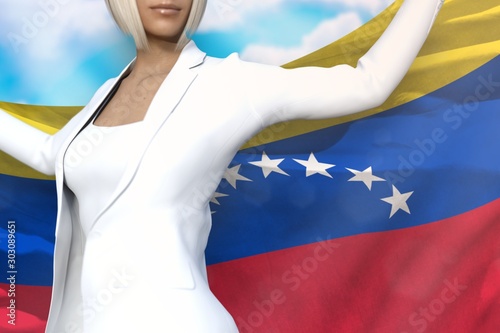 sexy business woman holds Venezuela flag in hands behind her back on the blue sky background - flag concept 3d illustration