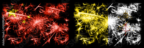 China, Chinese vs Vatican city New Year celebration travel sparkling fireworks flags concept background. Combination of two abstract states flags.