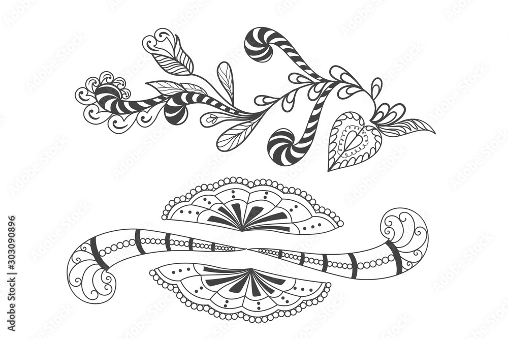 ornate decorative floral design drawing elements set