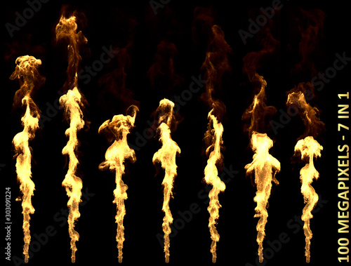 Dragon breath or flamethrower fire - 7 beautiful high resolution isolated renders on black background, large scale 3D illustration of objects