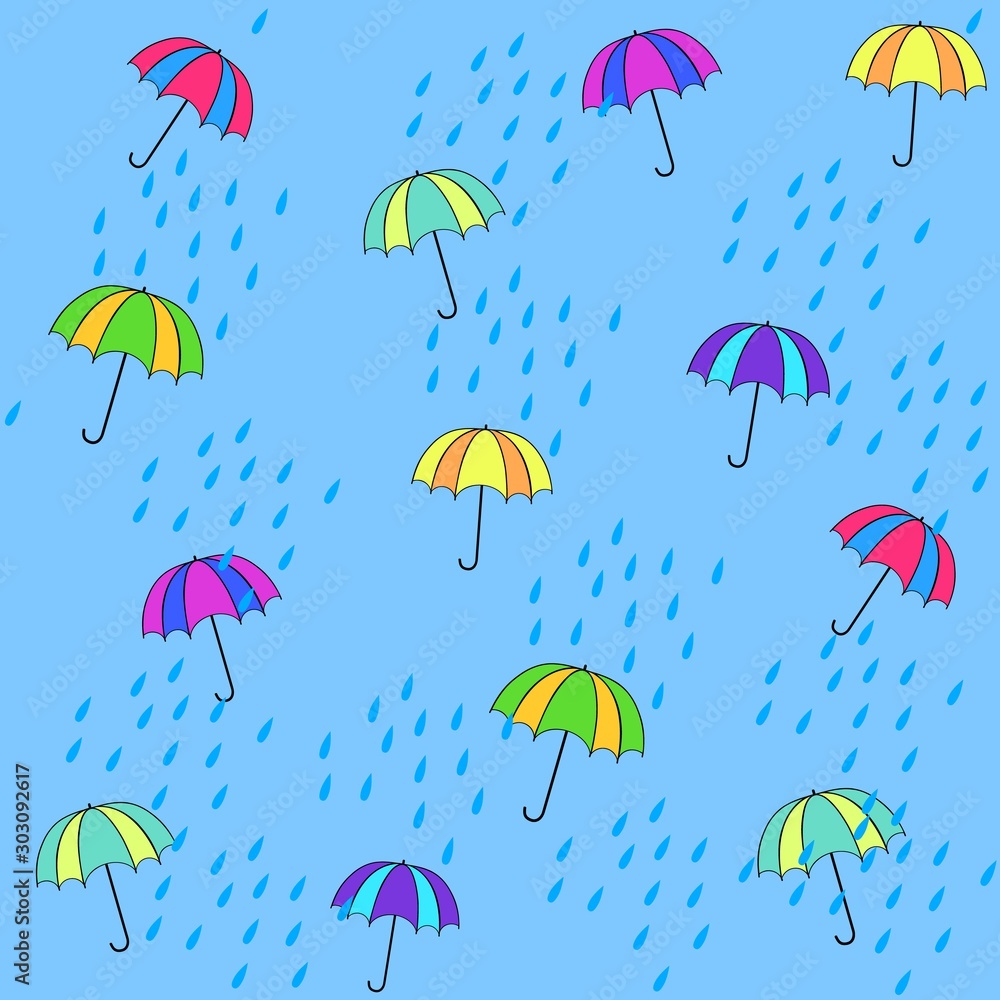 Umbrella and rain seamless pattern. Fashion graphic background design. Modern stylish abstract texture. Colorful template for prints, textiles, wrapping, wallpaper, website etc. Vector illustration.