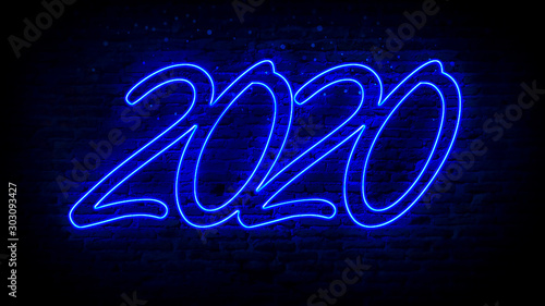2020 Neon font with blue lights on brick wall, has intense vignetting effect 