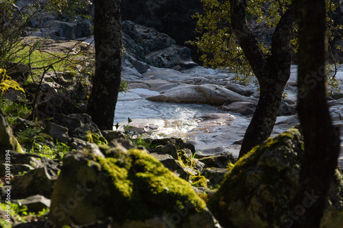 Primer plano desenfocado de rocas con musgo y el río fluyendo