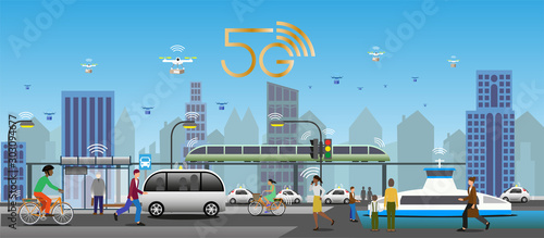5G technology for public transport environment. Traffic lights and street lights with IoT for smart function. Drones for fast deliveries. Electrified vehicles, buses, ferries, trains and bicycles.