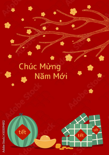 Hand drawn vector illustration for Tet with rice cakes, gold, watermelon, apricot flowers, Vietnamese text Happy New Year, on red background. Flat style design. Concept holiday card, poster, banner.