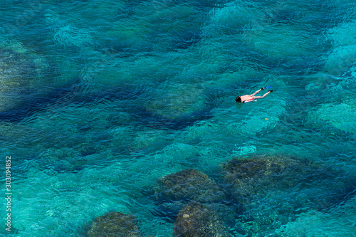 Aerial view couple snorkeling in the sea