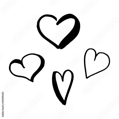 Hearts doodle set. Collection of hand drawn careless hearts. Black isolated on a white background. Vector illustrations.