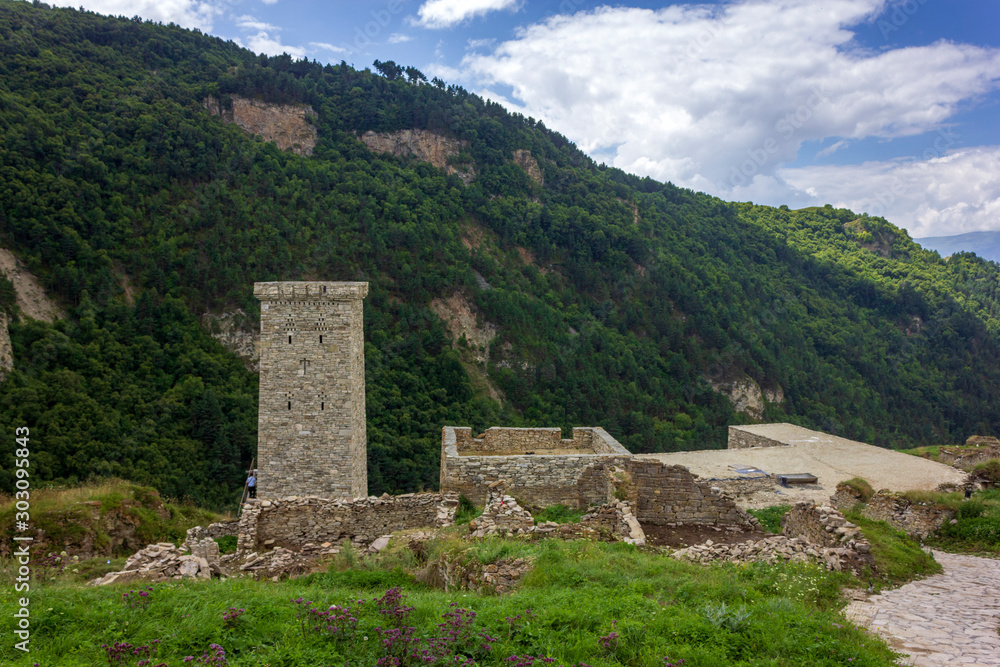 Ruins of medieval fortress. Outskirts of Khoy village which located on the bank of Ahkhete river. Chechnya (Chechen Republic), Russia, Caucasus. chechen battle tower