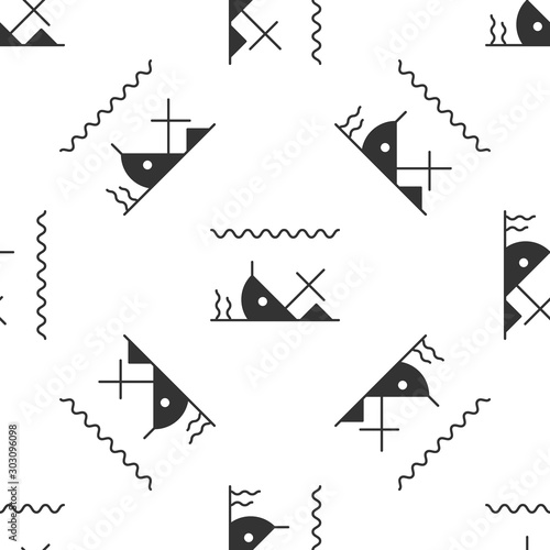 Grey Sunken ship at the bottom of the sea icon isolated seamless pattern on white background. Vector Illustration