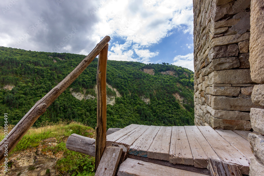 Ruins of medieval fortress. Outskirts of Khoy village which located on the bank of Ahkhete river. Chechnya (Chechen Republic), Russia, Caucasus.