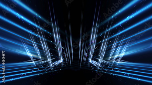 Empty dark abstract background. Background of an empty show scene. Glow of neon lights on an empty stage. Night view