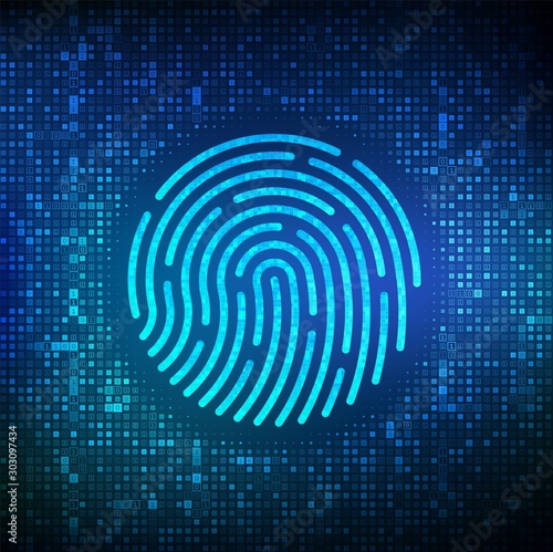 Fingerprint made with binary code. Biometrics identification and approval. Password control through fingerprints. Futuristic biometric and cyber security concept on the digital surface. Vector. EPS10.