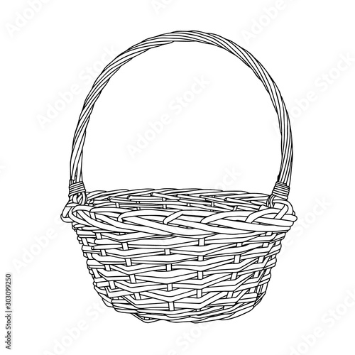Hand-drawn empty wicker picnic basket. Black and white Basket with a handle made of twigs. The object is isolated on a white background.