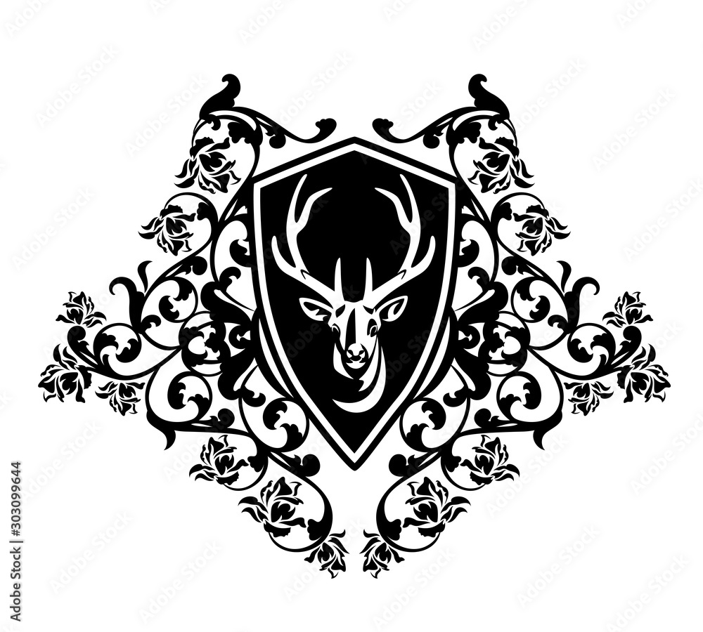 antler deer head in heraldic shield among rose flowers - vintage style buck portrait coat of arms black and white vector design antler deer head in heraldic shield among rose flowers - vintage style buck portrait coat of arms black and white vector design