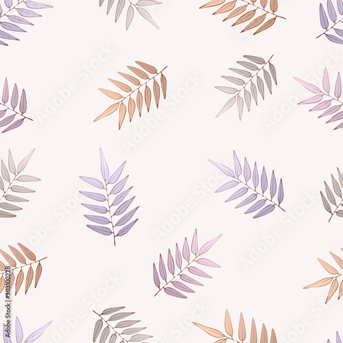 Colorful branches and leaves on pale light pink background. Seamless floral pattern.