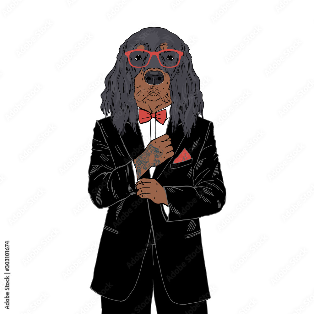 Humanized Gordon Setter breed dog with tattoo dressed up in classy outfits.  Design for dogs lovers. Fashion anthropomorphic doggy illustration. Animal  wear tuxedo, tie bow, glasses. Hand drawn vector. Stock Vector |