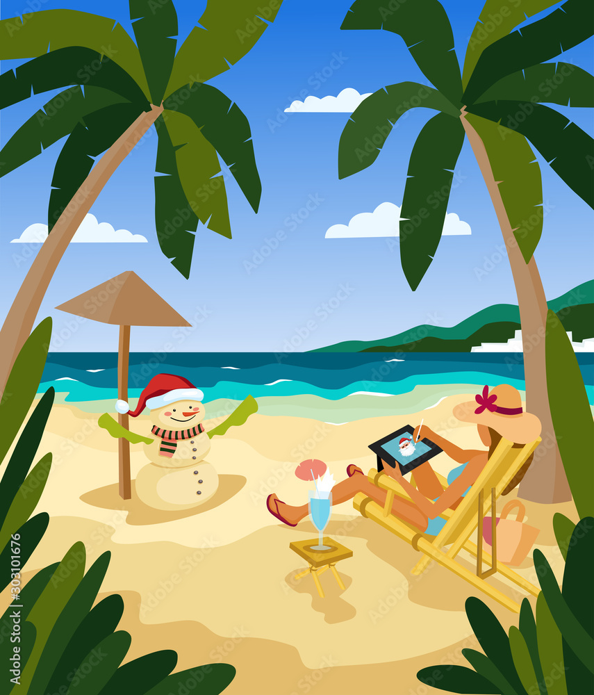 A girl on the beach in a sun bed. Drawing Santa Claus on a tablet. Snowman  out of sand, Christmas in the tropics, winter vacation. Flat cartoon style.  Vector illustration. Stock Vector |
