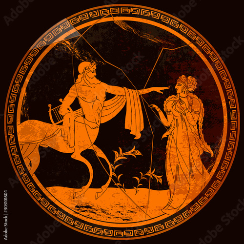 Ancient Greece. Mythology and legends. Centaur and goddess. Greek vase painting. Red figure techniques. Meander circle style