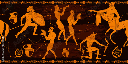 Ancient Greece horizontal seamless pattern. Greek mythology. Centaur, people, gods of an Olympus. Vase painting. Red figure style