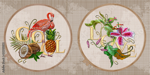 Embroidery collection. Flamingo, palm tree leaves, pineapple, coconutt. Cool and Love slogan.Tiger lily, flowers orchids. Template tambour frame with a canvas, elements from stitches
