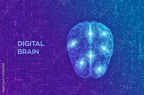 Brain. Digital brain on streaming matrix digital binary code background. 3D Science and Technology concept. Neural network. IQ testing, artificial intelligence virtual emulation. Vector illustration.