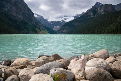 Beautiful Lake Louise on a cloudy day, Banff National Park, Alberta, Canada
