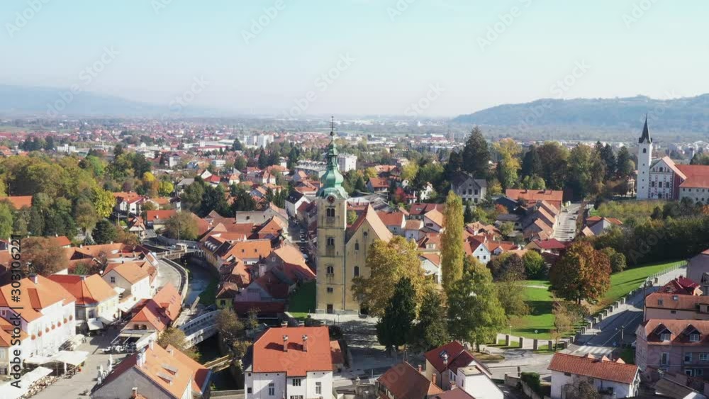 Croatia, aerial view of town of Samobor, main square, church tower and red roofs from drone Croatia, aerial view of town of Samobor, main square, church tower and red roofs from drone