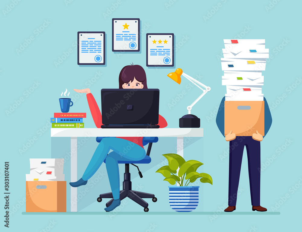 Busy businessman with stack of documents in carton, cardboard box. Business woman working at desk. Office interior with computer, laptop, coffee. Paperwork. Bureaucracy concept. Vector flat design Busy businessman with stack of documents in carton, cardboard box. Business woman working at desk. Office interior with computer, laptop, coffee. Paperwork. Bureaucracy concept. Vector flat design