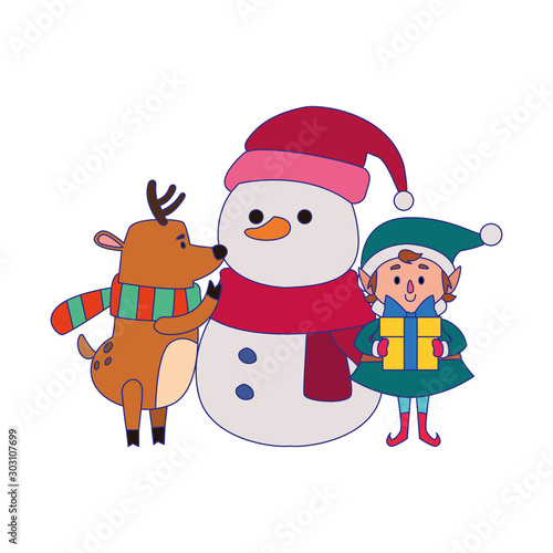 cartoon snowman with christmas elf and deer