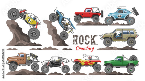 Monster truck vector cartoon rock vehicle crawling in rocks and extreme transport rocky car illustration set of heavy rocky monster-truck with large wheels isolated on white background