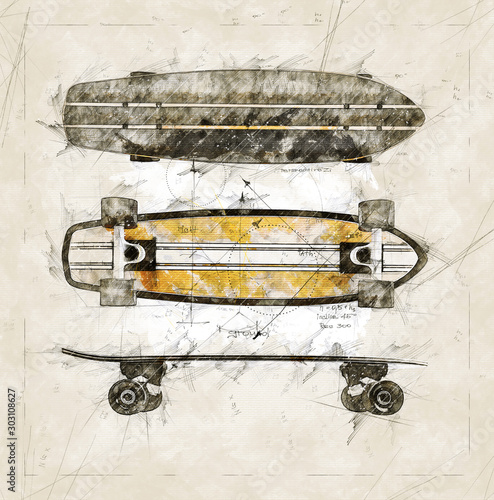 Illustration sketch of a project to realise a wooden skate board