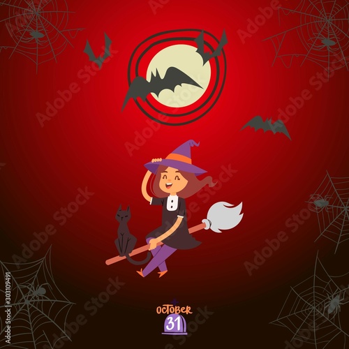 Halloween witch girl flying on a broomstick vector illustration. Cartoon witch with black cat, bats and spider web at halloween night background.