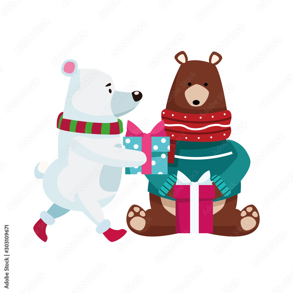 Fototapeta premium christmas grizzly bears with gift boxes, flat design