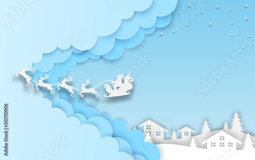 Merry Christmas. Design with santa claus on the sky to city village. paper art style. Vector. illustration.