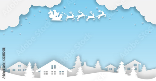 Merry Christmas. Design with santa claus on the sky to city village. paper art style. Vector. illustration. © lim_pix