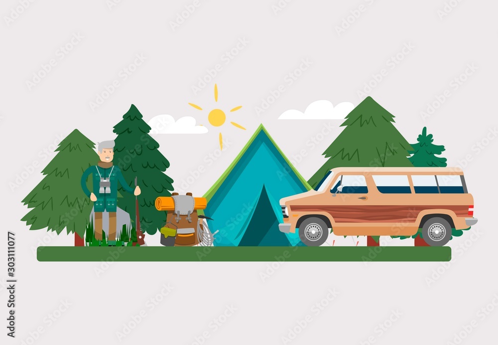 Hunt equipment vector illustration. Huntsman amunition collection with tent and car at forest outdoor. Hunter with riffle, gun, camouflage backpack. Hunt equipment vector illustration. Huntsman amunition collection with tent and car at forest outdoor. Hunter with riffle, gun, camouflage backpack.