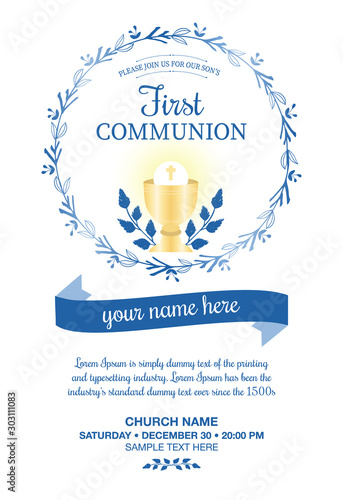 First Holy Communion Invitation for boys with flowers frame and chalice in blue tones