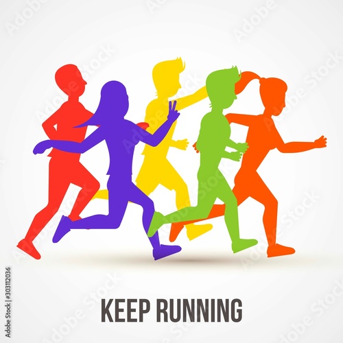 Keep running vector illustration. World health day poster design. Save health concept. People jogging  run training. Colorful runners silhouettes for banner  advertisement cover.