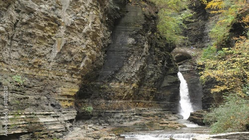 Watkins Glen State Park leaves falling into deep natural gorge with waterfall 01
