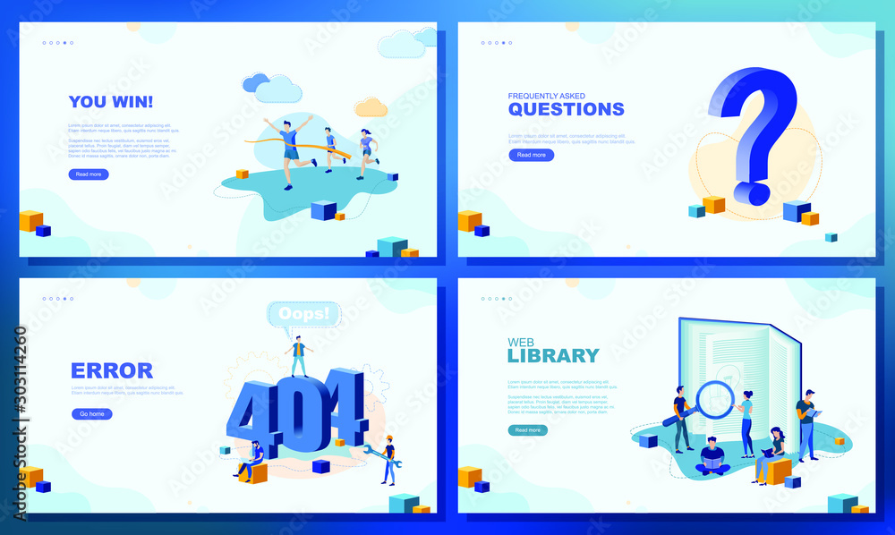 Trendy flat illustration. You win. Set of web page concepts. 404 error page. Web library. Online education. Frequently asked questions. Template for your design works. Vector graphics.