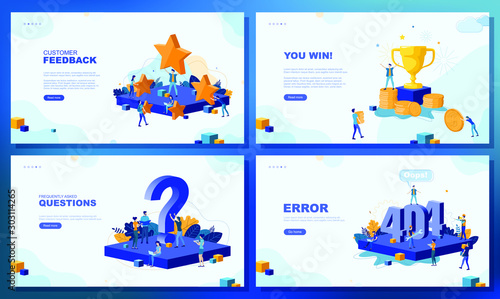 Trendy flat illustration. Set of web page concepts. You win. 404 error page. Customer feedback. Frequently asked questions. Template for your design works. Vector graphics.