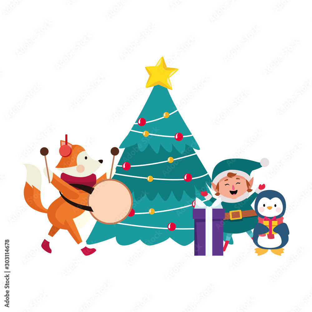 chirstmas tree with elf and cute animals around, colorful design Stock  Vector | Adobe Stock