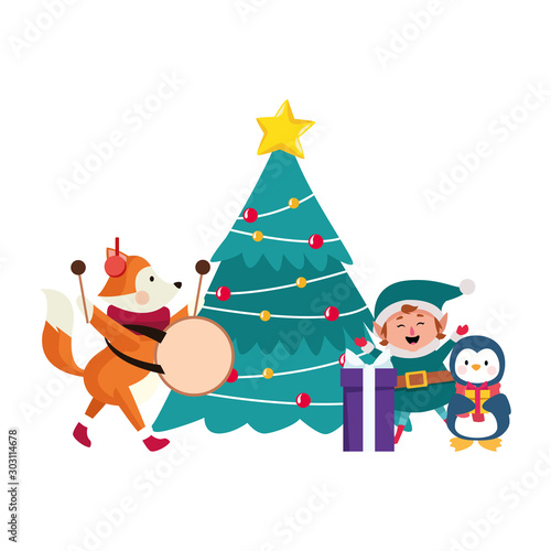chirstmas tree with elf and cute animals around  colorful design