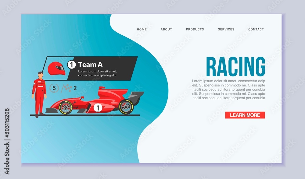 Karting racing speed cars vector web template illustration. Web page with race sport pictures of speed fast karting automobiles and racer cartoon picture. - obrazy, fototapety, plakaty 