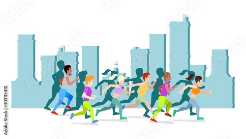 Running people in city vector illustration. World health day poster design. Save health concept. People jogging, run training. Cartoon runners, women and men for banner, advertisement cover.