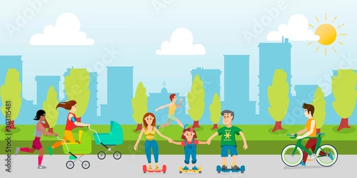 Fototapeta Naklejka Na Ścianę i Meble -  Sports and recreation in the park cartoon vector illustration. People spend time relaxing outdoors. Parents and children in park, young mothers run with baby carriages. Man with bicycle.