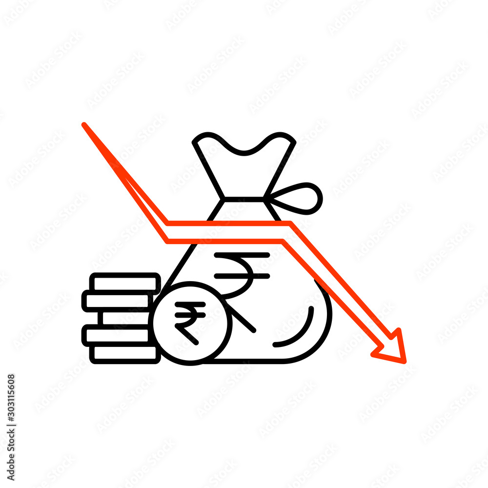 Money bag and coins with Indian rupee sign and downward arrow. Concept of deflation. Outline thin line flat illustration. Isolated on white background. Money bag and coins with Indian rupee sign and downward arrow. Concept of deflation. Outline thin line flat illustration. Isolated on white background.