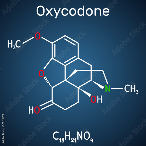 Oxycodone molecule. It is semisynthetic opioid medication used for treatment of pain. Structural chemical formula on the dark blue background